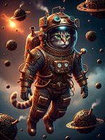 whimsical Cat explorer in a magnificent steampunk space suit navigates