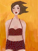 Bikini girl, illustrative, naive art. Cheerful painting with red and orange