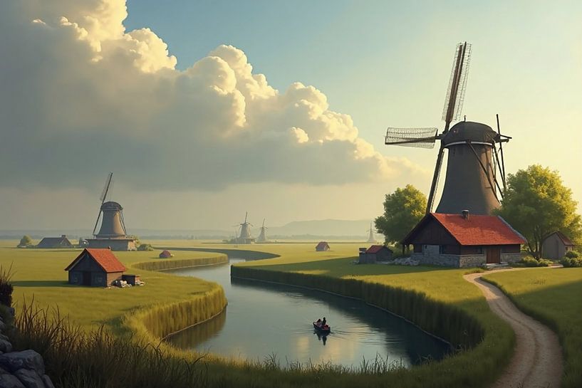 Hollands Rivierlandschap met Molens en Roeiboot van Kleurenrijk