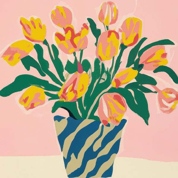 Gemälde einer Vase mit Tulpen in Pastellfarben von Studio Allee
