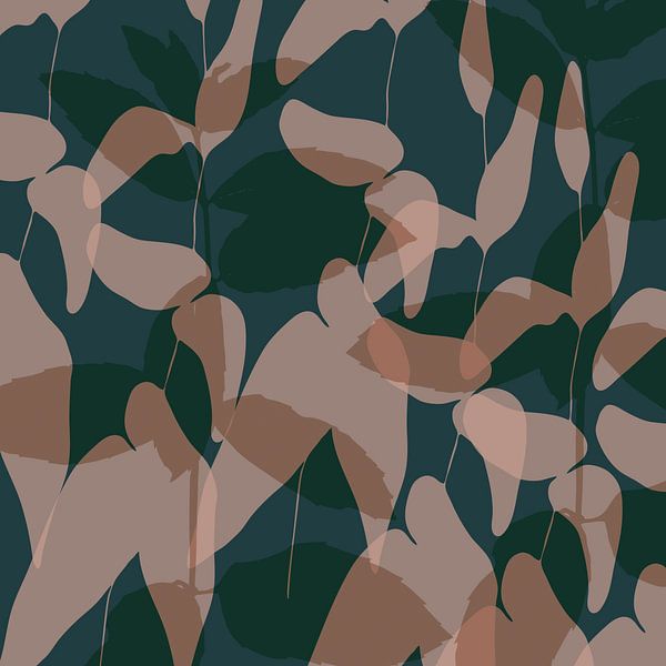 Bladeren in groenblauw en bruin. Abstracte botanische kunst. van Dina Dankers