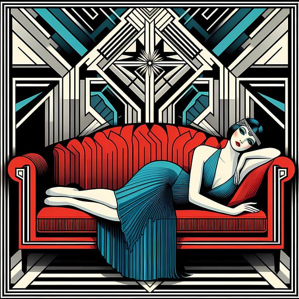 Woman on red bench Art Deco by Tatjana Korneeva
