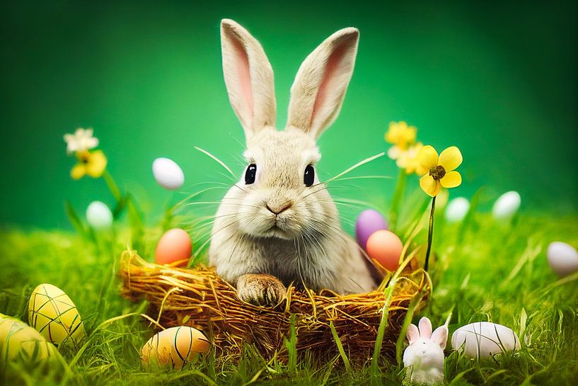 Paashaas met eieren en mand, kunstillustratie van Animaflora PicsStock