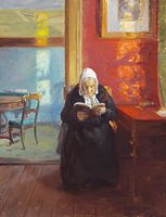 Anna Ancher, Intérieur de la chambre rouge avec la mère de l'artiste, Ane Brøndum, lecture, 1910