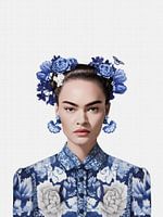 Frida in Delft blue style white background, modern dutch variation of iconisch portrait