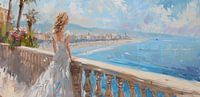 Painting of young woman looking out over tropical sea