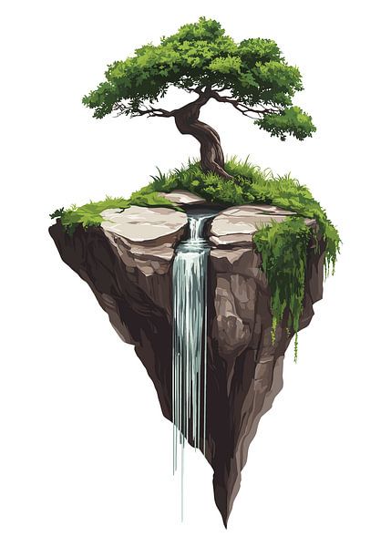 Schwebende Insel mit Wasserfall und Baum von Pixelbull Design