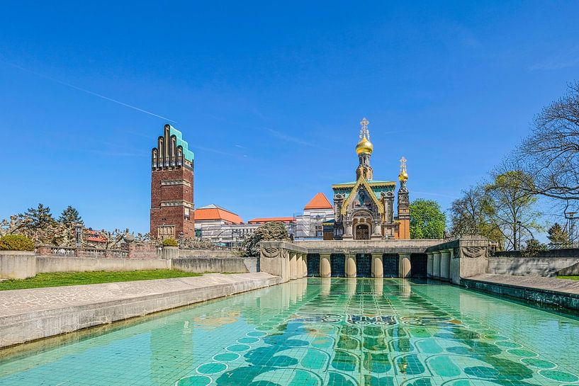 Scenic view of Hochzeitsturm and Russian Chapel, Mathildenhöhe Darmstadt by pixxelmixx