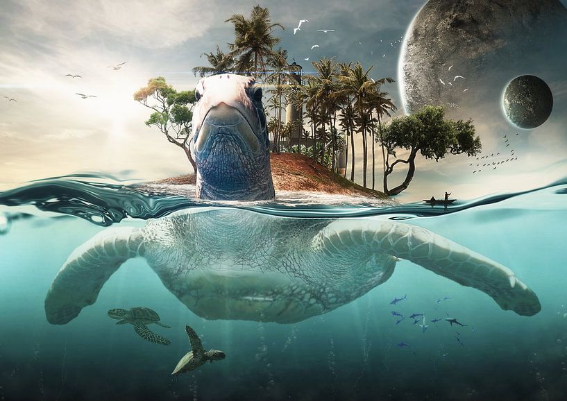 Meeresschildkröte mit ihrer eigenen Insel auf dem Rücken von Bert Hooijer