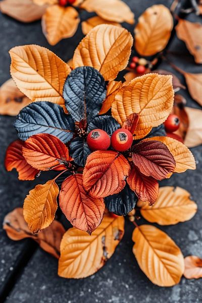 Nahaufnahme von roten Beeren und Herbstblättern. von Imperial Art House