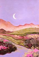 Lila Himmel und Mond über blumige rosa grüne Felder Landschaft