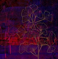 Ginko Biloba Zweig Gold - Moderne Kunst - Stillleben - Lila Bordeaux Blau