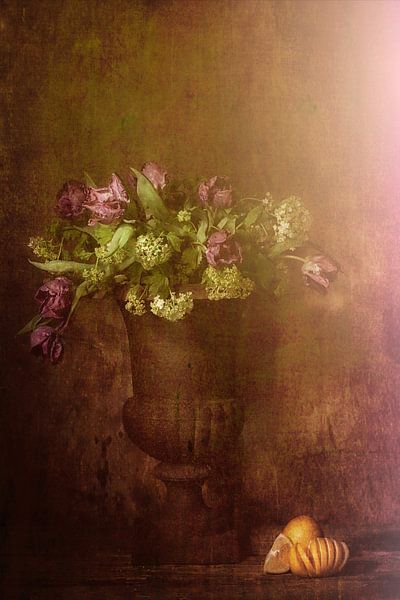 Dreamy still life with lemons and purple tulips. by Saskia Dingemans Awarded Photographer