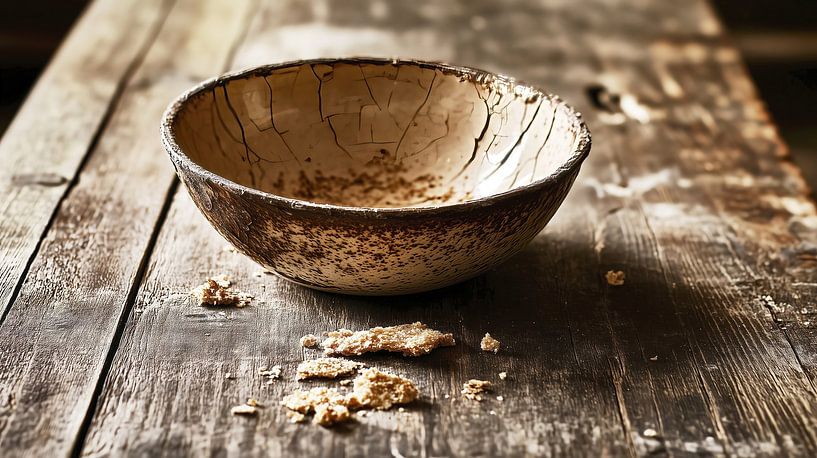 Old bowl on a worn wooden table by Frank Heinz