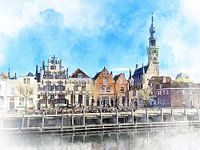 Aquarellbild mit Ansicht von Veere, Zeeland