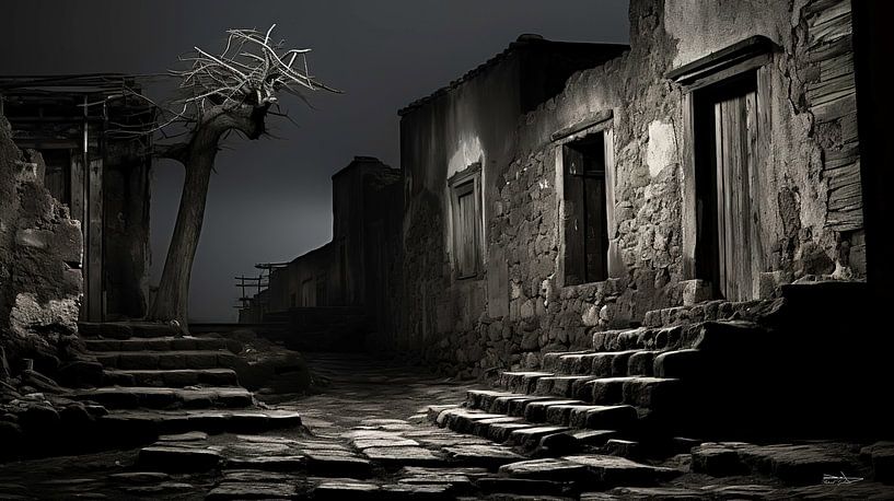 old building in black and white with dramatic light by Gelissen Artworks