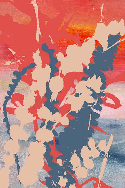 La vie au naturel. Médaillon de feuilles botaniques abstraites. Rouge, bleu, rose par Dina Dankers