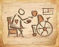 Pflegerin & Person im Rollstuhl. Vintage Skizzen-Kunst. Altenpflege / Krankenpflege.