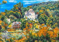 Kleines Schloss in einer hügeligen Landschaft, Normandie.