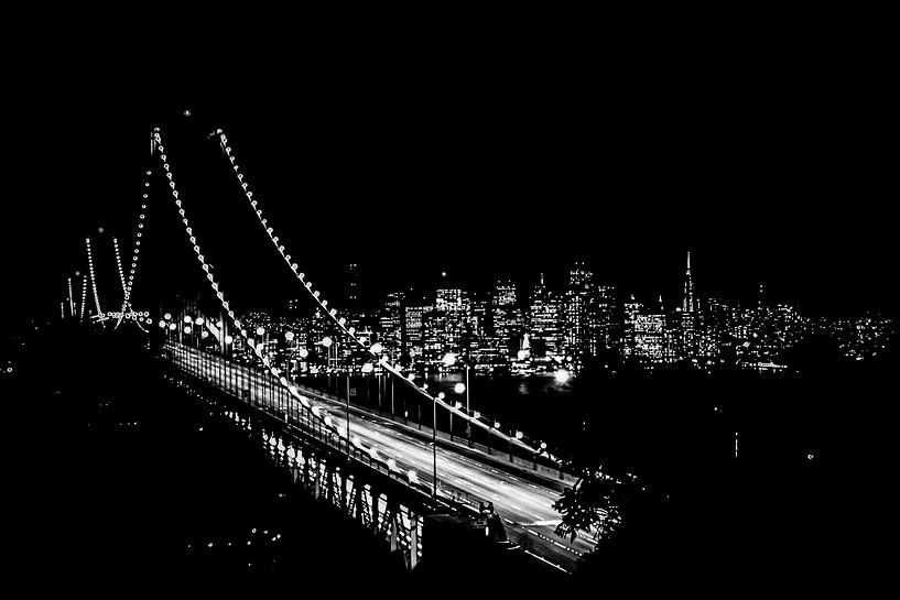 Bay Bridge in San Francisco at night in black and white by Dieter Walther