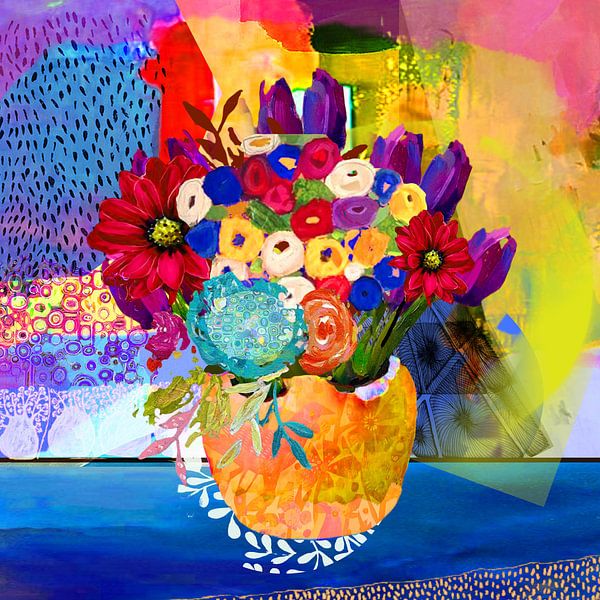 Betere Vaas met vrolijke gekleurde bloemen schilderij vrolijke kleuren QV-78