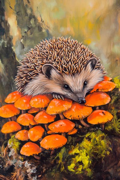 Igel auf Pilzen von Poster Art Shop
