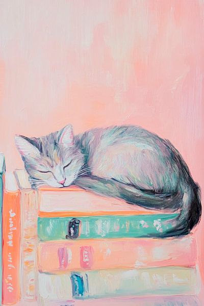 Katze schläft auf Bücherstapel von Poster Art Shop