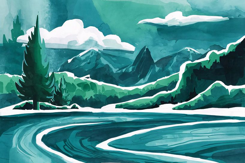 Mountain landscape with minimalist trees by Art & Soul Creations