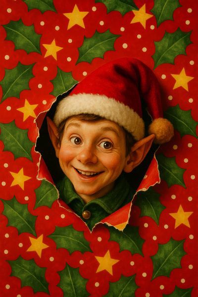 Weihnachtselfe schaut fröhlich durch zerrissenes Papier von But First Framing