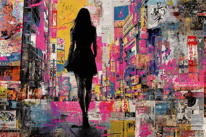 Street Art Woman - Tokyo Neon Lively Painting par BowiScapes Art Abstrait  et digital
