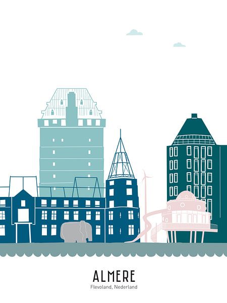 Skyline illustration city of Almere in colour by Mevrouw Emmer