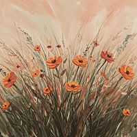 Impasto Floral Painting of Orange Flowers and Grasses in Warm Tone
