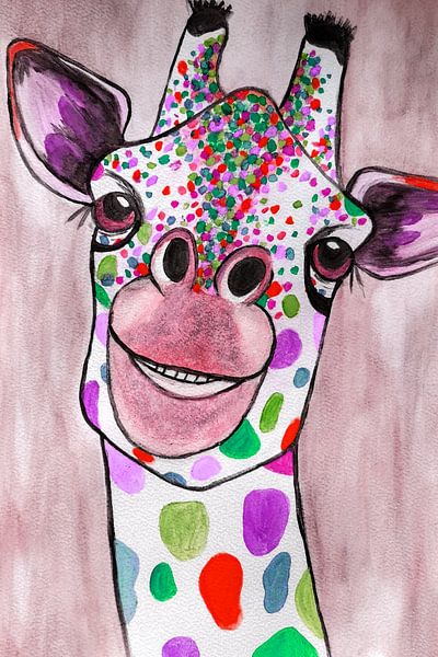 Giraffe Abstract Watercolour in Red Pink Green by Art By Dominic