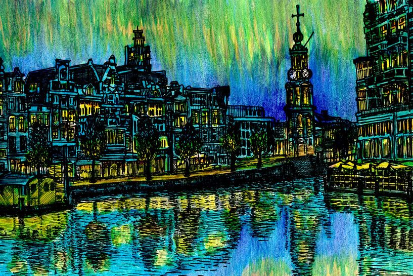 Aquarell Malerei Amstel Mint Tower Amsterdam Blaue Stunde von Hendrik-Jan Kornelis
