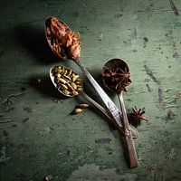 Specerijen op een oude groene tafel