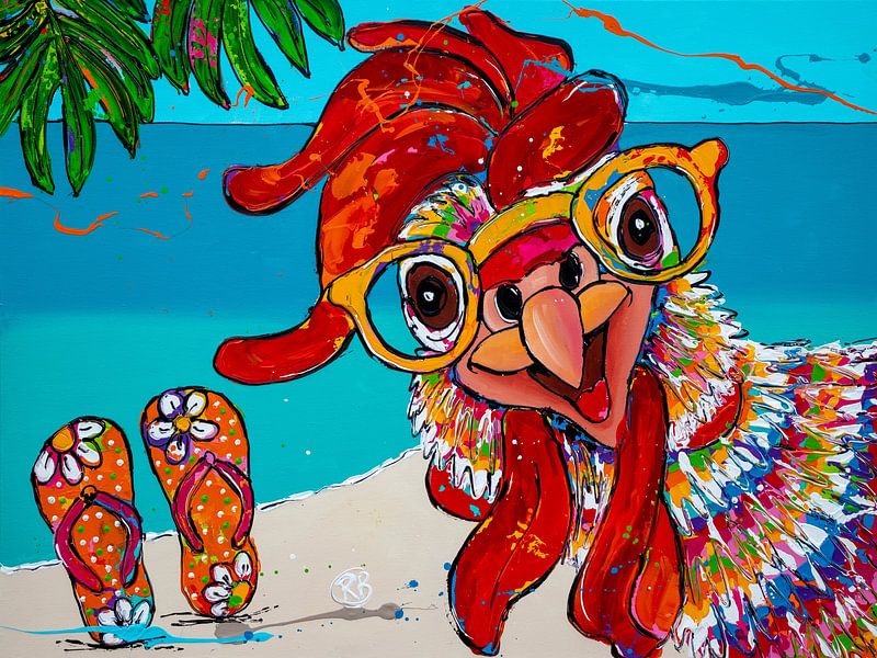 Fröhliches Huhn am Strand von Happy Paintings / Renata Rolefes