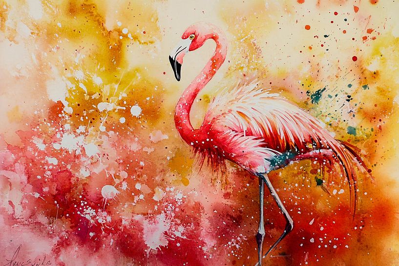 Bunte Flamingo-Aquarellmalerei von Imperial Art House