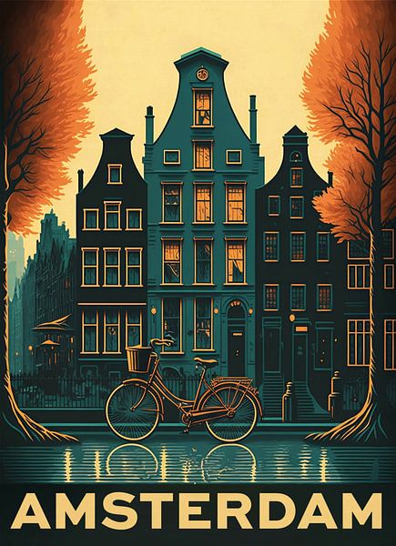 Amsterdam, affiche vintage avec les maisons du canal et la rivière Amstel par Roger VDB