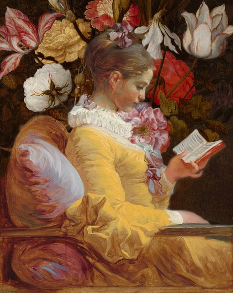 Lesendes Mädchen, Jean-Honoré Fragonard - Blumenstillleben von Digital Art Studio