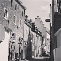 Black and white photo of the wall houses, historical Amersfoort, Netherlands