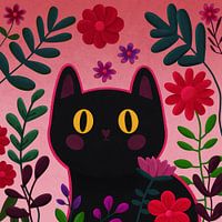 Illustration d'un chat entouré de fleurs et de plantes