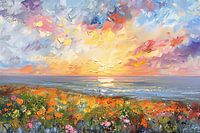 Abstract sunset with flowers and ocean
