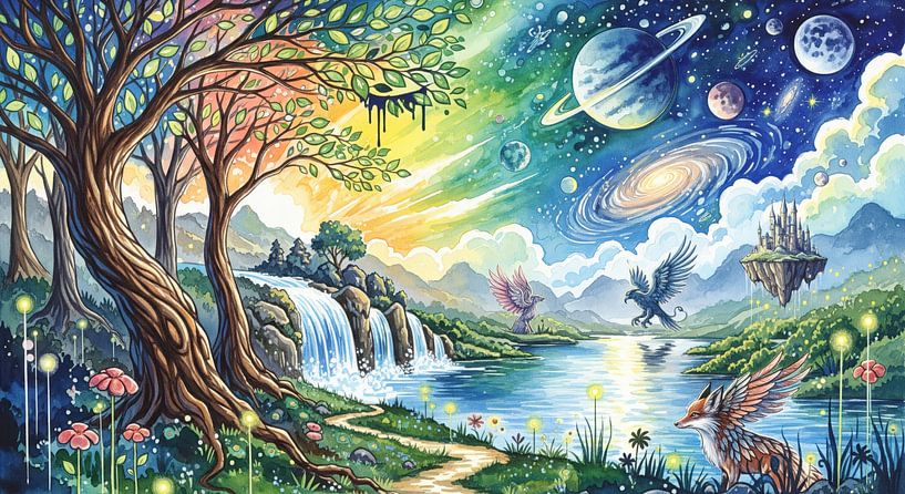 Illustration à l'aquarelle d'un paysage fantastique avec des animaux et des plantes. par Markus Gann