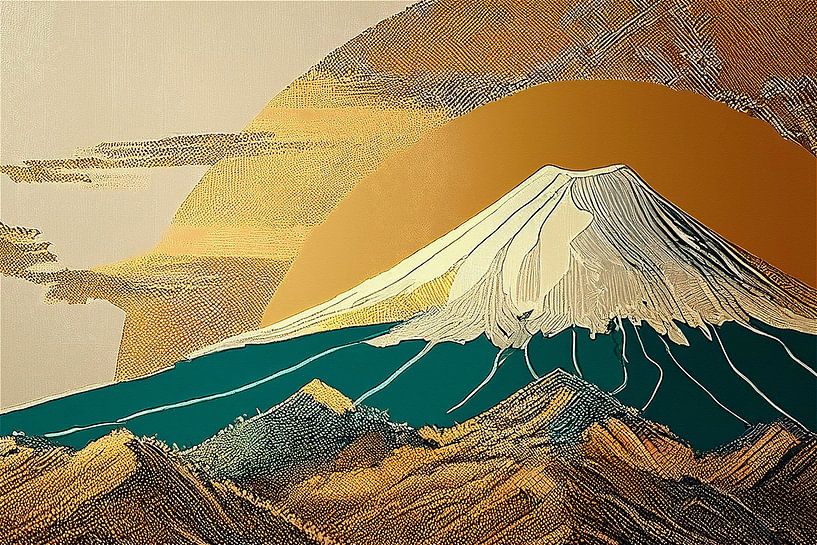 Paysage japonais abstrait : Mont Fuji avec soleil doré par Studio Pieternel