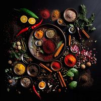 Verschillende kruiden en specerijen in een rustieke foto