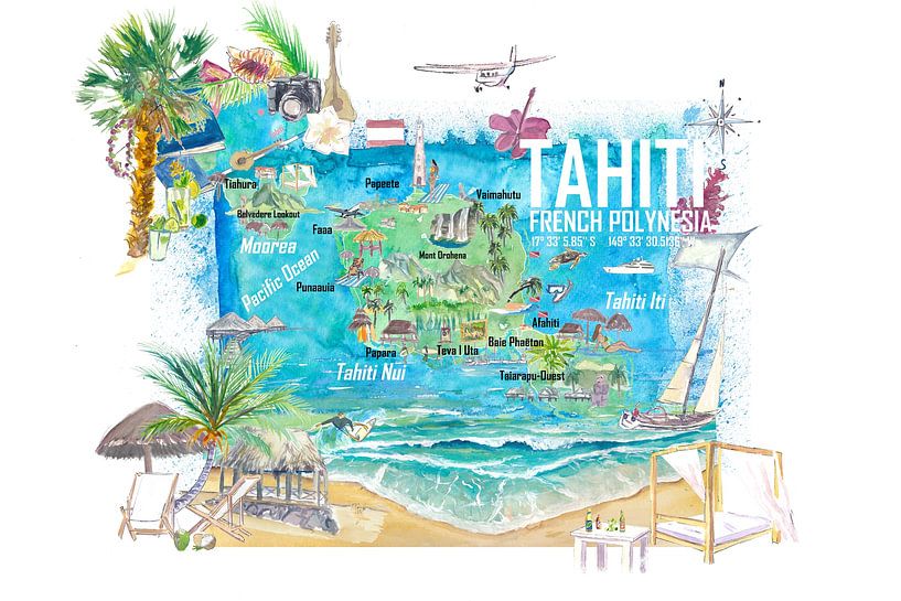 Carte de voyage illustrée de Tahiti avec routes et points forts par Markus Bleichner