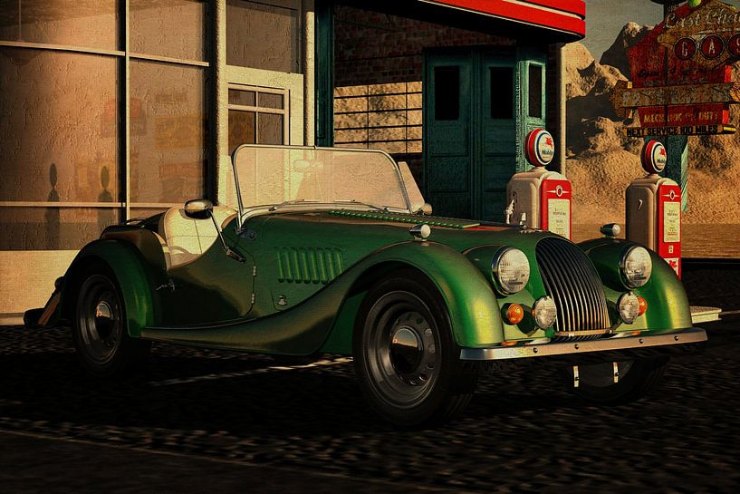 Morgan Plus 1960 mit Oldtimern Tankstelle von Jan Keteleer