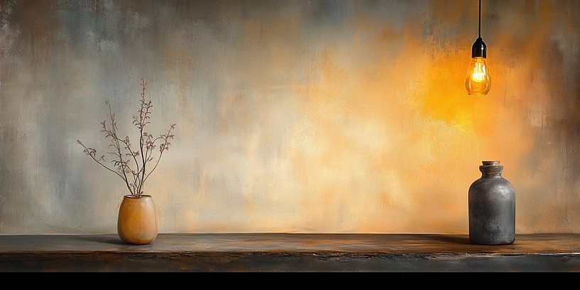 Minimalistischer Stillleben-Tisch mit Glühbirnen-Leinwand von Beeld Creaties Ed Steenhoek | Fotografie und künstliche Bilder