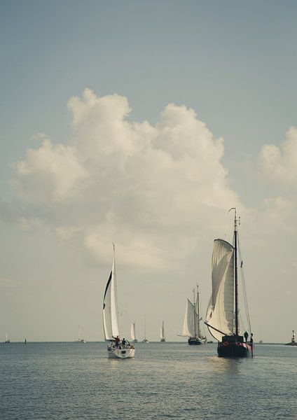 Segelboote bei Zierikzee auf dem IJsselmeer mit blauem Himmel und Wolken von Angeline Dobber