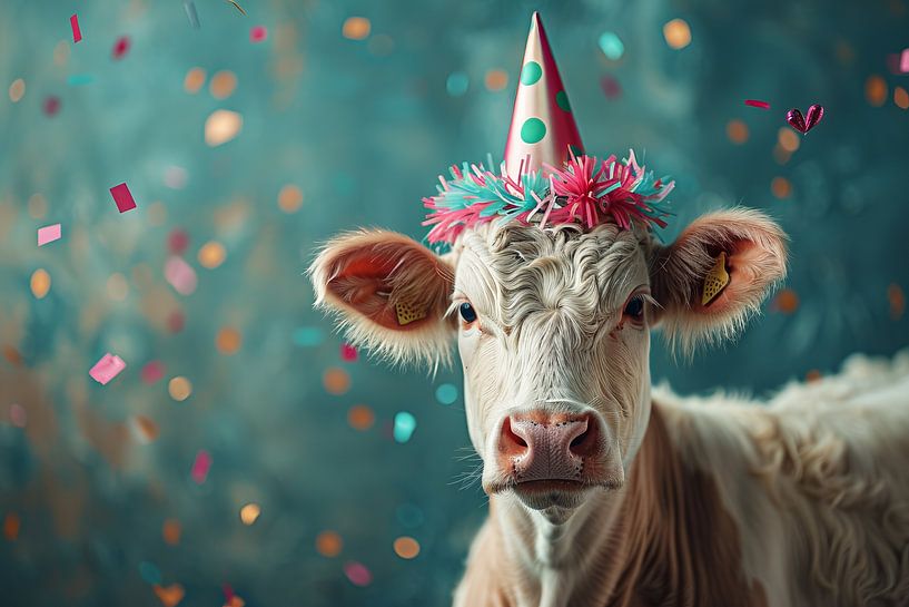 Funny cow celebrates birthday with cake and candles by Poster Art Shop